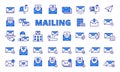 Mailing icons in line design blue. Envelope, mail, business, email, letter, address, send, receive, inbox, outbox