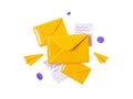 Mailing list with news 3d render - closed and open yellow envelope with papers text message and flying paper planes. Royalty Free Stock Photo