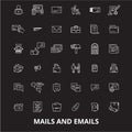 Mails emails editable line icons vector set on black background. Mails emails white outline illustrations, sig