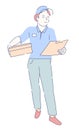Mailwoman in uniform with parcel and document on notepad delivery service Royalty Free Stock Photo