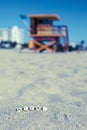 Maimi Southbeach, lifeguard house with letters on the sand Royalty Free Stock Photo