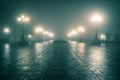 The main alley of a night winter park in a fog. Footpath in a fabulous winter city park at night in fog with benches and latterns