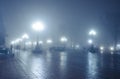 The main alley of a night winter park in a fog. Footpath in a fabulous winter city park at night in fog with benches and latterns