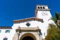 Main Arch and Clock Tower of historic Santa Barbara County Courthouse.