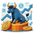 Bullish Bitcoin Illustration, blue and gold, finance-themed vector for investment posters Royalty Free Stock Photo