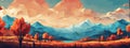 Low poly landscape vector illustration with mountains, red and blue tones, perfect for wall art Royalty Free Stock Photo
