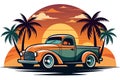 Vintage truck in tropical sunset, vector illustration, vibrant retro travel poster Royalty Free Stock Photo
