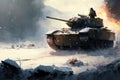 Main battle tank on the battlefield in winter, Generative AI