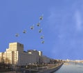 Main Building of the Ministry of Defence of the Russian Federation and Russian military aircrafts fly in formation, Moscow, Russia