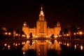 Main building of Moscow State University at night,