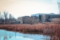 The main building by the wetlands at the Frederik Meijer Gardens in fall