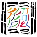 Main Chinese hieroglyphs calligraphy graphic symbol colored element set HORIZONTAL, VERTICAL, FALLING LEFTWARDS LINES, SINGING