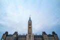 Main clock tower of the center block of the Parliament of Canada, in the Canadian Parliamentary complex of Ottawa, Ontario.