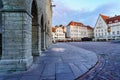 Main cobbled square of the city of Tallinn with its medieval houses. Royalty Free Stock Photo