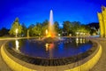 Main colonnade in the small west bohemian spa town Marianske Lazne Marienbad and singing fountain at night - Czech Republic Royalty Free Stock Photo