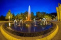 Main colonnade in the small west bohemian spa town Marianske Lazne Marienbad and singing fountain at night - Czech Republic