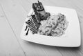 Main course concept. Pasta with white sauce and decor Royalty Free Stock Photo