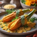main course, stuffed squash blossoms with herb infused couscous. Royalty Free Stock Photo
