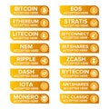 Main crypto currency types payment buttons set on transparent background Royalty Free Stock Photo