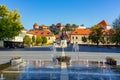 Main Dobo square in Eger Hungary with fountain statue and the castle fortress Royalty Free Stock Photo