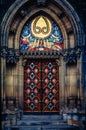Main door to neo-gothic Basilica of St Peter and St Paul in Prague, Czech Republic