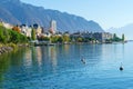 The main embankment of the Lake Geneva, the famous town of Montreux, Switzerland Royalty Free Stock Photo