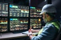 Main engineer following the plant process using Industry 4.0. Operator control process of production uses computer screens with