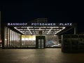 The main entrance of the Berlin Potsdamer Platz train station at night in Berlin. Germany.