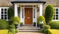 Main entrance door in house. Wooden front door with gabled porch and landing. Exterior of Georgian style home cottage with columns