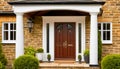 Main entrance door in house. Wooden front door with gabled porch and landing. Exterior of Georgian style home cottage with columns