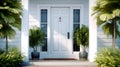 Main entrance door. White front door with porch. Exterior of georgian style home cottage house with columns. Created with