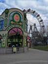 Main entrance and Ferris wheel at the background in the Prater Park, Vienna, Austria Royalty Free Stock Photo