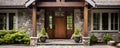 main entrance of a house with wooden front door and columns home real estate stone walls, american style architecture
