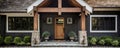 main entrance of a house with wooden front door and columns home real estate stone walls, american style architecture