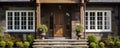 main entrance of a house with wooden front door and columns home real estate stone walls, american style architecture