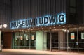 main entrance museum Ludwig in Cologne, illuminated sign, closed doors