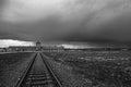 Main entrance to the concentration camp. Barbed wire around a concentration camp.