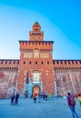 The main entrance to Sforza Castle leads through Torre del Filarete tower, Milan, Italy Royalty Free Stock Photo