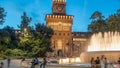 Main entrance to the Sforza Castle and tower - Castello Sforzesco day to night timelapse, Milan, Italy Royalty Free Stock Photo