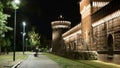 Main entrance to the Sforza Castle and tower - Castello Sforzesco night timelapse, Milan, Italy Royalty Free Stock Photo