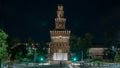 Main entrance to the Sforza Castle and tower - Castello Sforzesco night timelapse, Milan, Italy Royalty Free Stock Photo