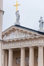 The main facade fragment of The Cathedral Basilica of St Stanislaus and St Ladislaus of Vilnius. The main Roman Catholic Cathedral Royalty Free Stock Photo
