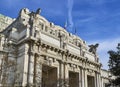 Main facade of the Milano Centrale train station. Milan, Lombardy, Italy