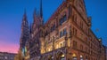 Main facade of the New Town Hall building at the northern part of Marienplatz day to night timelapse in Munich, Germany. Royalty Free Stock Photo