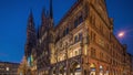 Main facade of the New Town Hall building at the northern part of Marienplatz day to night timelapse in Munich, Germany. Royalty Free Stock Photo