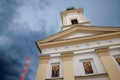 Main facade of Vojlovica Monastery, in Pancevo, Serbia, surrounded by the Refinery Rafinerija.