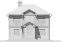 The main facade of the white cottage. 3D rendering