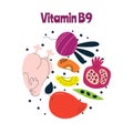 The main food sources of vitamin B9. Healthy food concept.