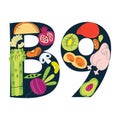 The main food sources of vitamin B9. Healthy food concept.