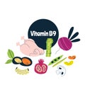 The main food sources of vitamin B9. Healthy food concept.